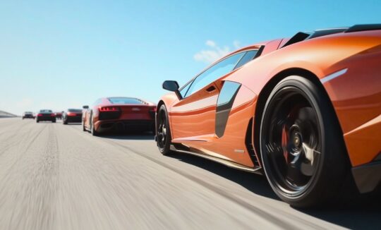 orange Lamborghini aventador speeding up on a German autobahn