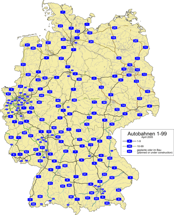 A map that shows the German Autobahn from A1 to A98