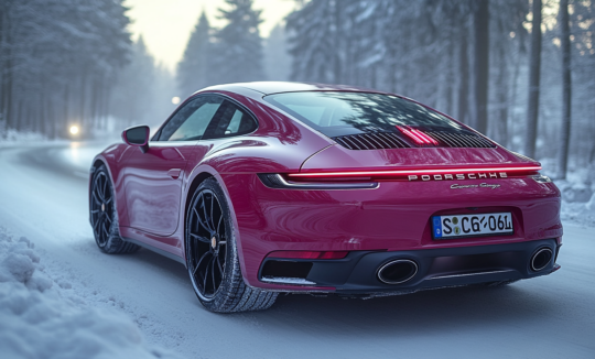 A Porsche 911 Carrera S is parking in the snow