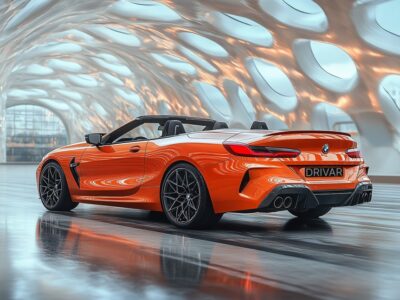 An Orange 2025 BMW M8 Convertible is parking in a bridge