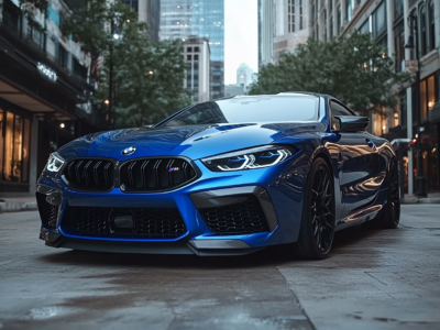 A blue 2025 BMW M8 Coupe is taking a photo on the street