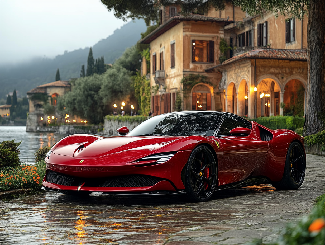 a 2025 Ferrari GTB 296 parking next a castle with motion effect from the front side