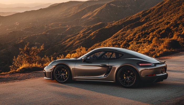 a 2025 Porsche 718 Cayman in Metallic Gray, photographed from the right side, parked on a winding mountain road during golden hour