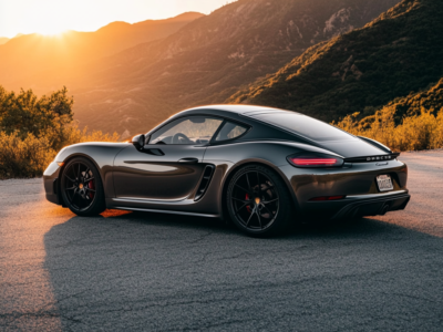 a 2025 Porsche 718 Cayman in Metallic Gray, photographed from the right side, parked on a winding mountain road during golden hour