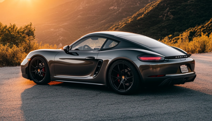 a 2025 Porsche 718 Cayman in Metallic Gray, photographed from the right side, parked on a winding mountain road during golden hour
