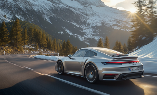 a powerful Porsche 911 Turbo S captured from the front-side angle as it carves through a winding mountain road in the Swiss Alps at golden hour.