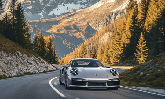 a powerful Porsche 911 Turbo S captured from the front-side angle as it carves through a winding mountain road in the Swiss Alps at golden hour.