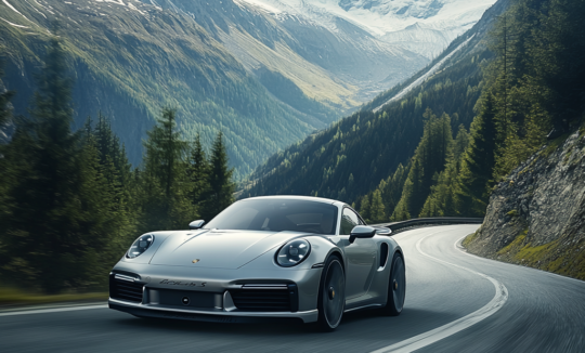 a powerful Porsche 911 Turbo S captured from the front-side angle as it carves through a winding mountain road in the Swiss Alps at golden hour.