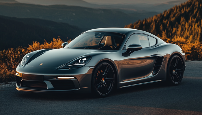 a 2025 Porsche 718 Cayman in Metallic Gray, photographed from the right side, parked on a winding mountain road during golden hour