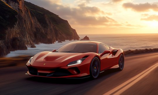 a stunning Ferrari F8 Tributo speeding down an open, winding road at sunset