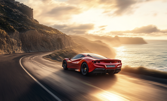 a stunning Ferrari F8 Tributo speeding down an open, winding road at sunset