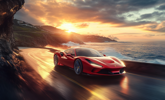 a stunning Ferrari F8 Tributo speeding down an open, winding road at sunset