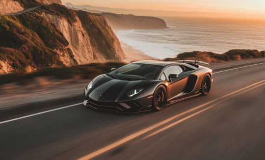 a stunning Lamborghini Aventador speeding down an open, winding road at sunset