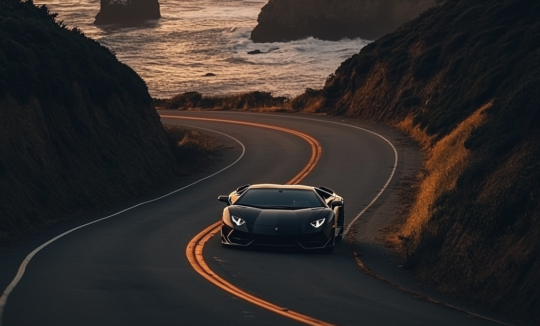 a stunning Lamborghini Aventador speeding down an open, winding road at sunset