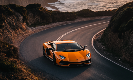 a stunning Lamborghini Aventador speeding down an open, winding road at sunset