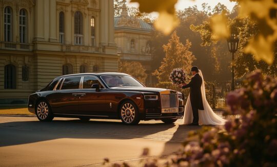 Bride and groom by a luxury Rolls-Royce Phantom