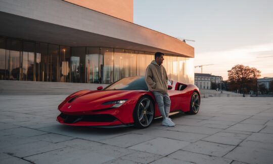Young man standing next to a red Ferrari sports car