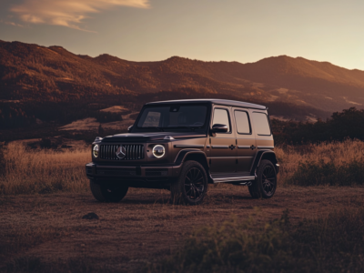 Electric Mercedes G-Class SUV parked in rugged mountain landscape during sunset, showcasing off-road capability and luxury design