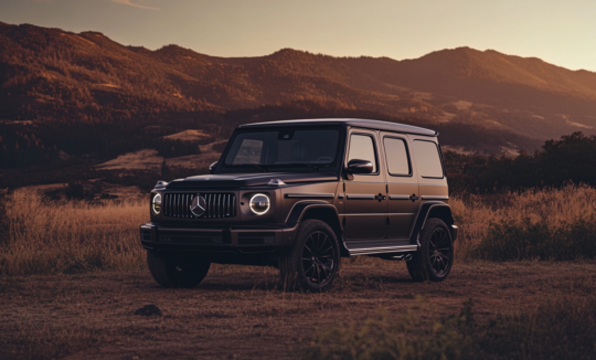 Electric Mercedes G-Class SUV parked in rugged mountain landscape during sunset, showcasing off-road capability and luxury design