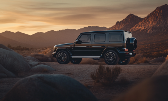 Electric Mercedes G-Class SUV parked in rugged mountain landscape during sunset, showcasing off-road capability and luxury design