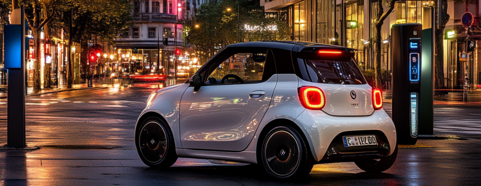 Smart EQ ForTwo Coupé parked at an EV charging station on a modern European city street at sunset