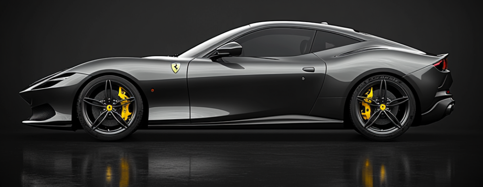 Ferrari Roma in Grigio Silverstone with yellow brake calipers, photorealistic studio image with glossy finish and reflection