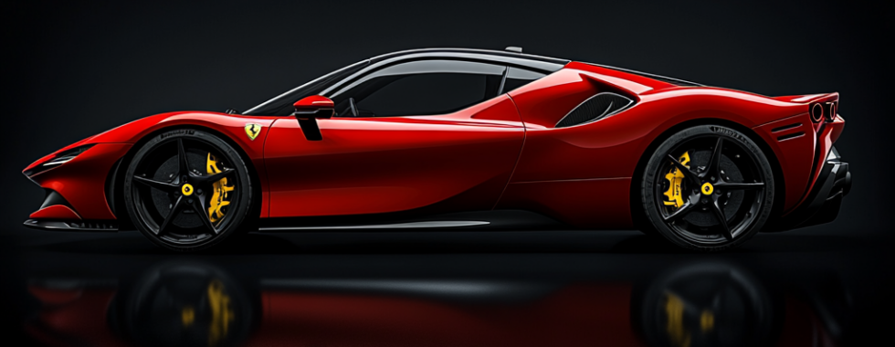 Ferrari SF90 Stradale in Rosso Mugello parked on a rooftop at sunset, showing detailed aerodynamic design with city skyline in background