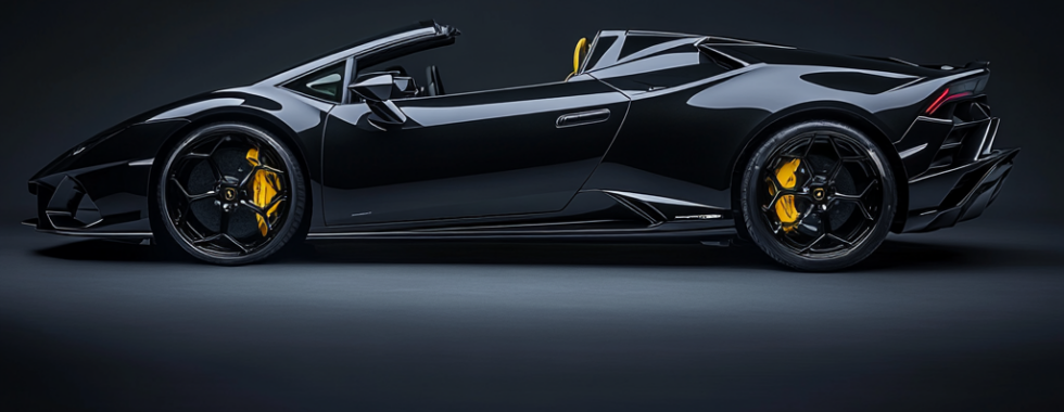Lamborghini Huracán EVO Spyder in glossy black with yellow brake calipers in a dark studio setting