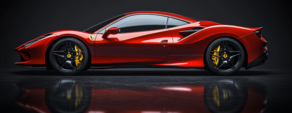 Ferrari F8 Tributo in glossy Rosso Corsa red with yellow brake calipers, photorealistic studio shot with floor reflection