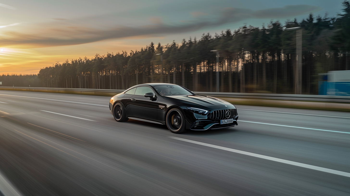 Mercedes-AMG SL 63 2024 driving on the German Autobahn at sunset, black paint finish, high-speed motion