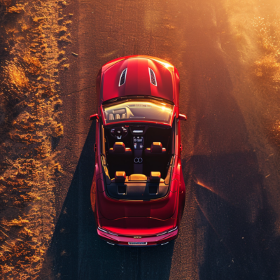Directly overhead view of a red Chevrolet Camaro Convertible with open roof, driving on a sunlit road during golden hour
