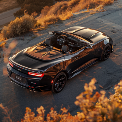 Top-down view of a black Chevrolet Camaro Convertible parked on a scenic mountain road during golden hour