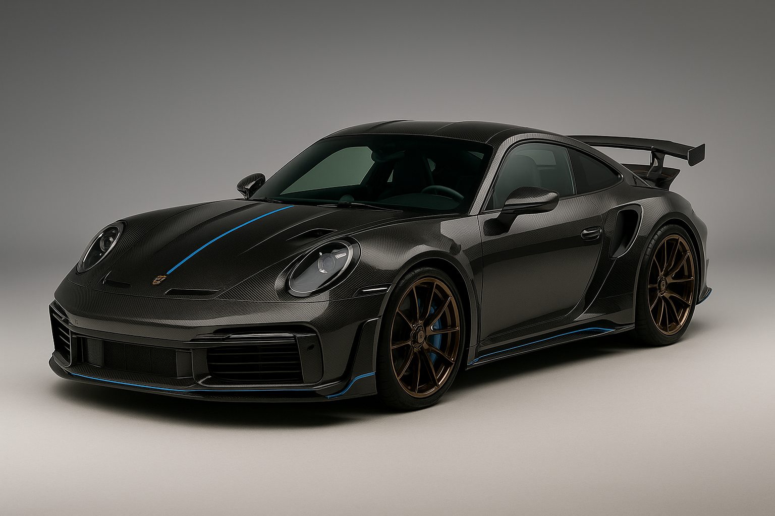 Porsche 911 Turbo S Stinger GTR Carbon Edition, carbon fiber, blue accents, bronze wheels, studio.