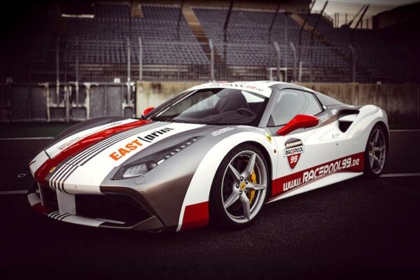 Ferrari race car available for rental on the track.