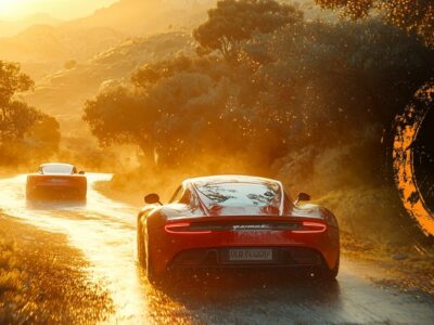 Sports car from behind driving a road with a bitcoin sign
