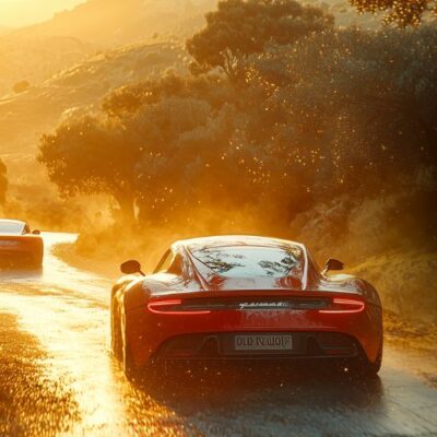 Sports car from behind driving a road with a bitcoin sign