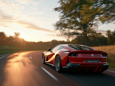 Ferrari 812 Superfast driving at high speed on the German Autobahn during sunrise — representing the Autobahn no speed limit map experience.