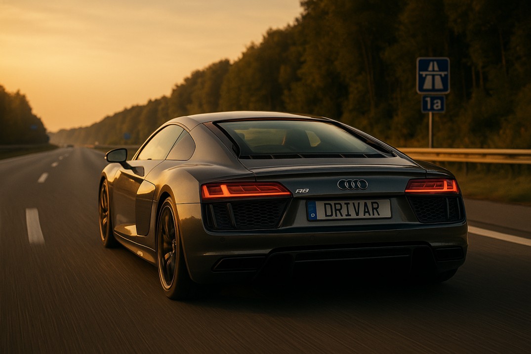 Audi R8 speeding on the German Autobahn during golden hour with DRIVAR license plate, illustrating the scenic location for those asking where is the Autobahn