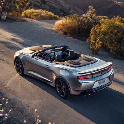 Top-down view of a silver Chevrolet Camaro Convertible parked on a scenic road during golden hour