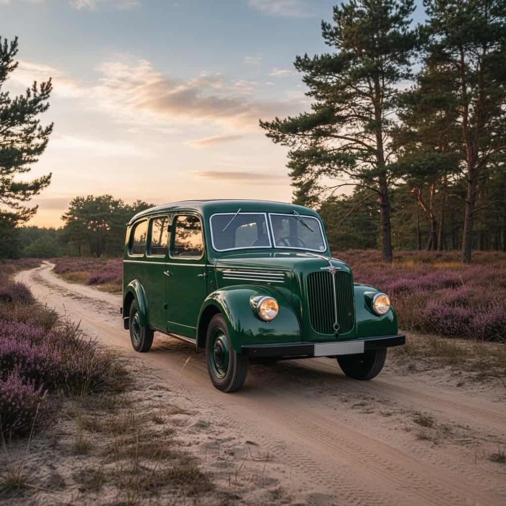 Vintage car travel — scenic countryside drive, golden-hour mood