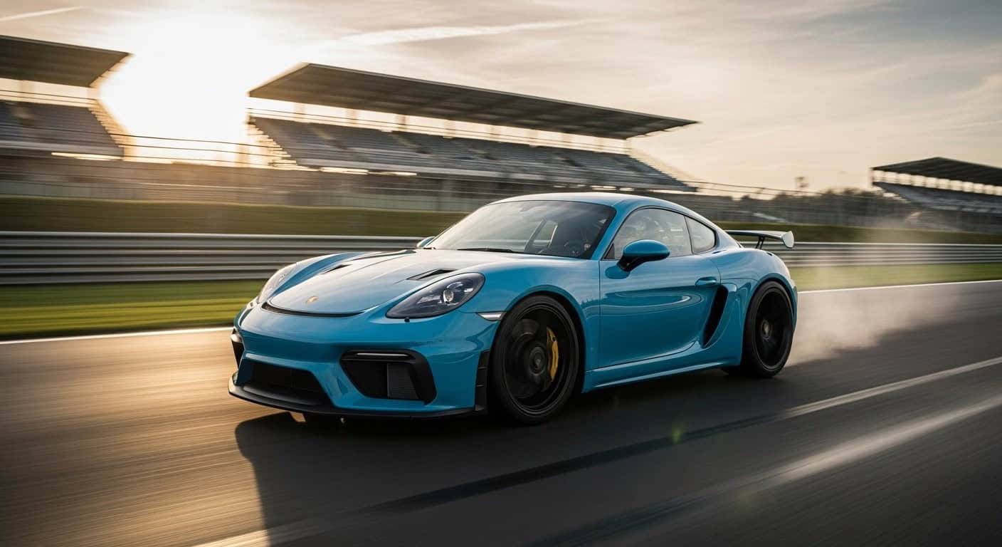 Porsche 718 Cayman GT4 RS carving a circuit at golden hour, showcasing its aero and track focus