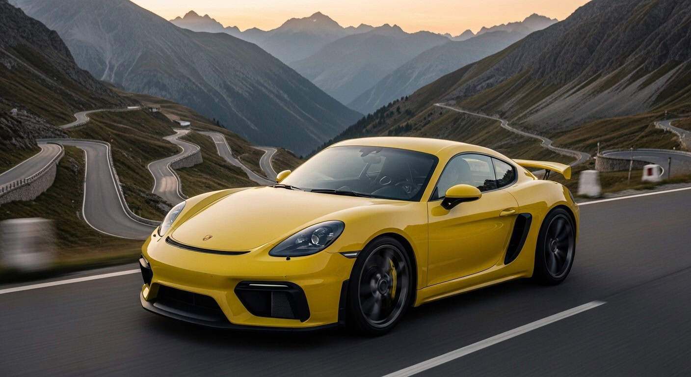 Porsche 718 Cayman GT4 tackling a mountain pass at sunset, underlining its real-world performance bandwidth