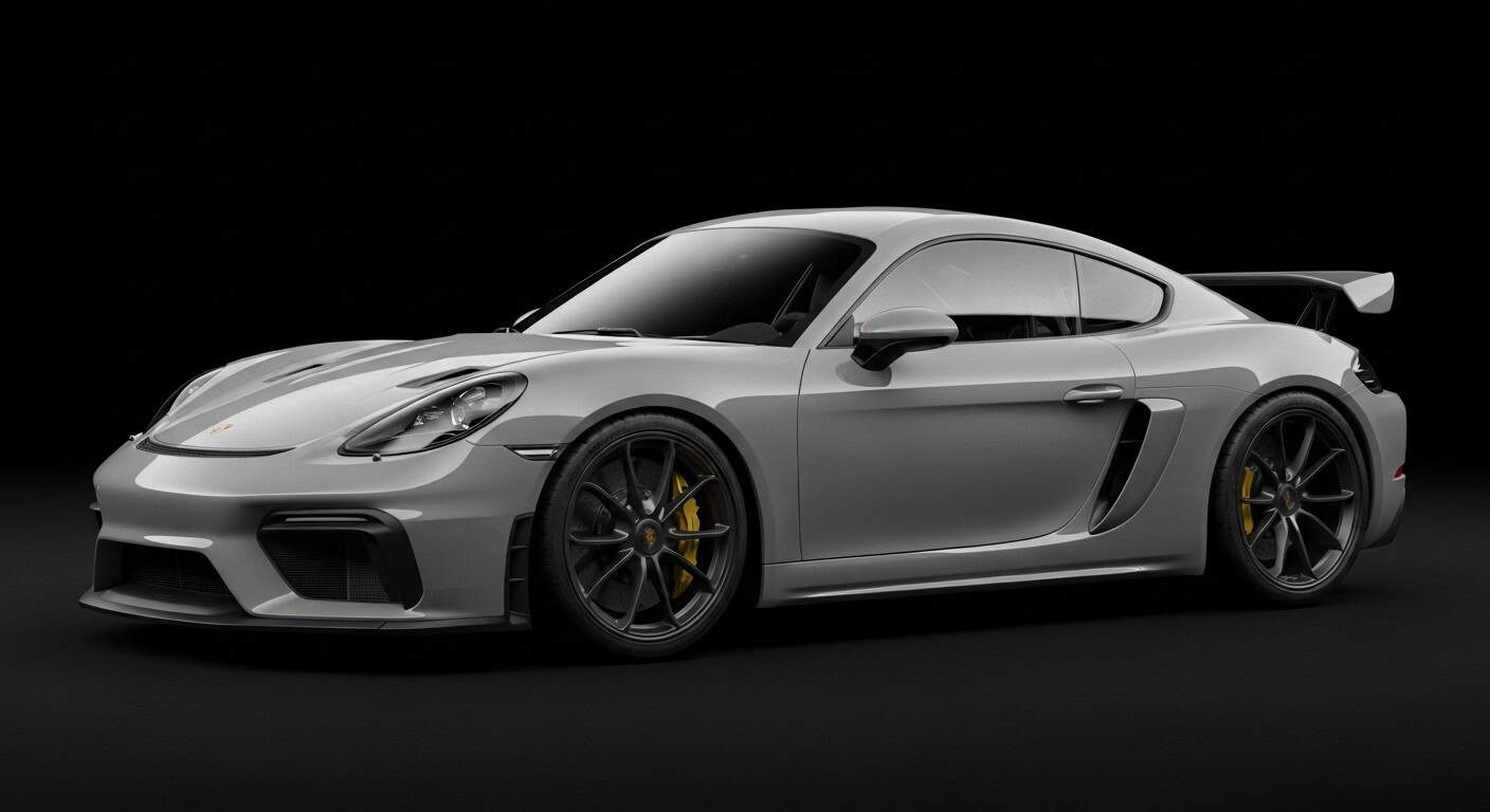Studio image of a Porsche 718 Cayman GT4 RS in Arctic Grey, highlighting design and aero details