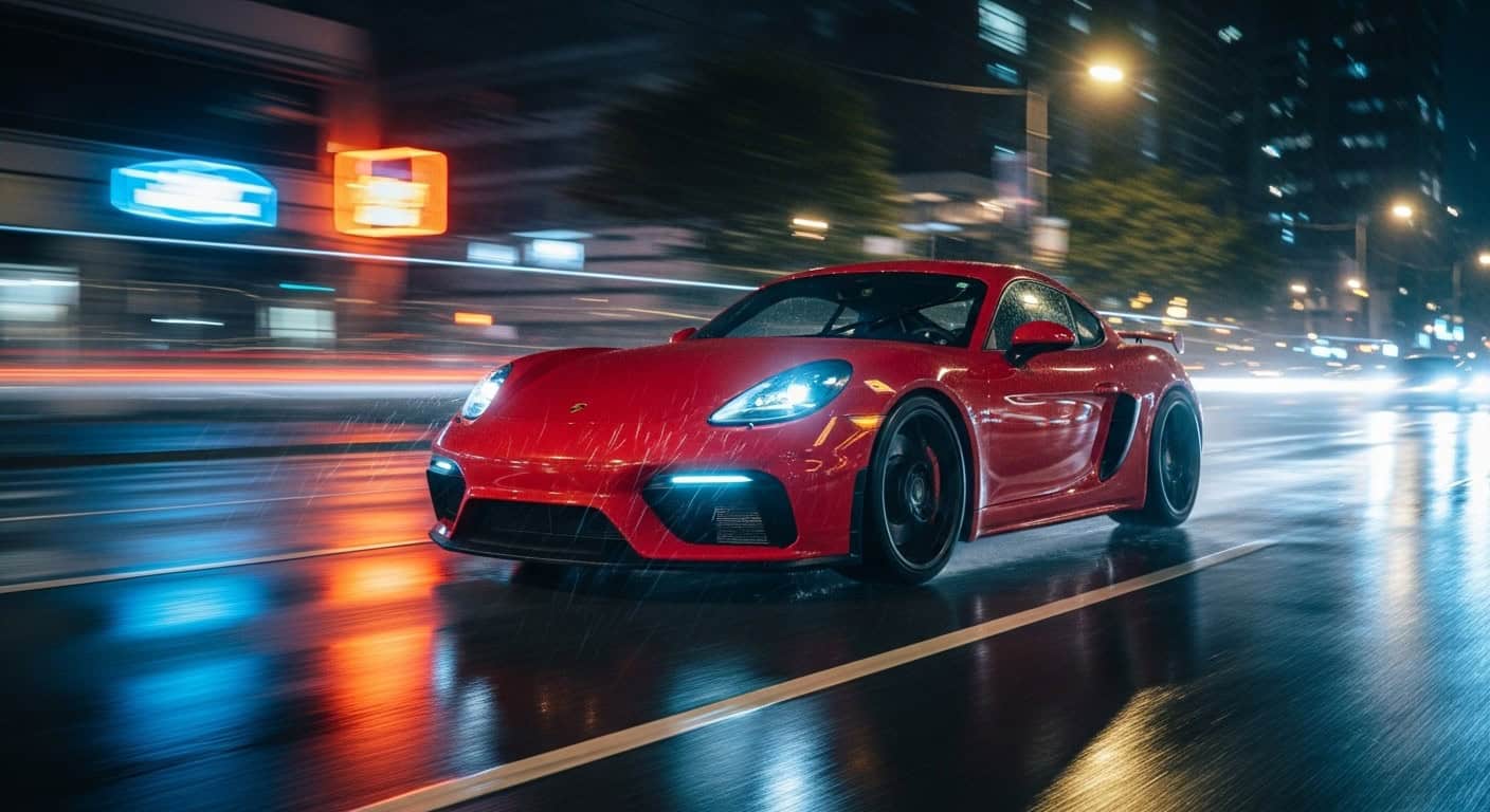 Porsche 718 Cayman GT4 in an urban night rain scene with motion blur, capturing its dynamic character