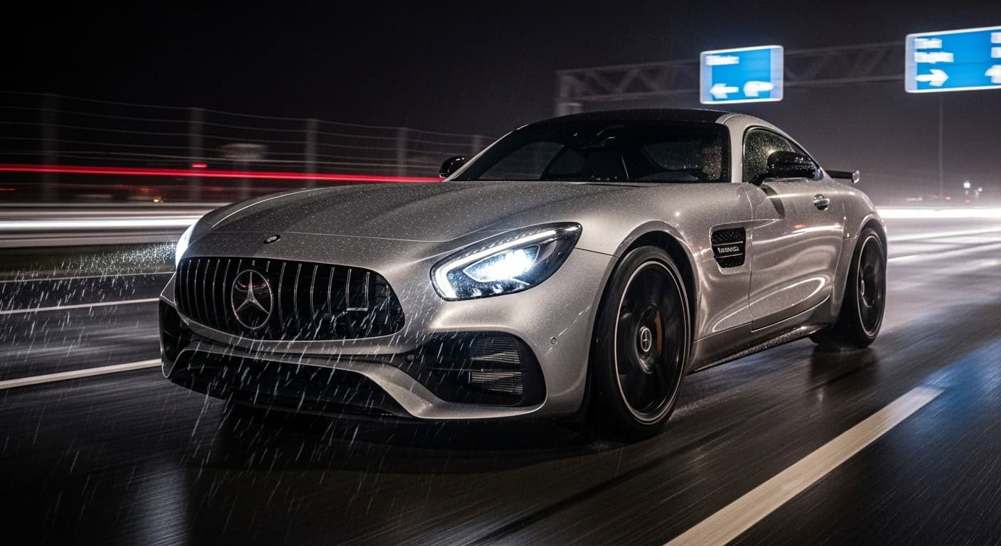 Mercedes-AMG GT driving on a wet Autobahn at night