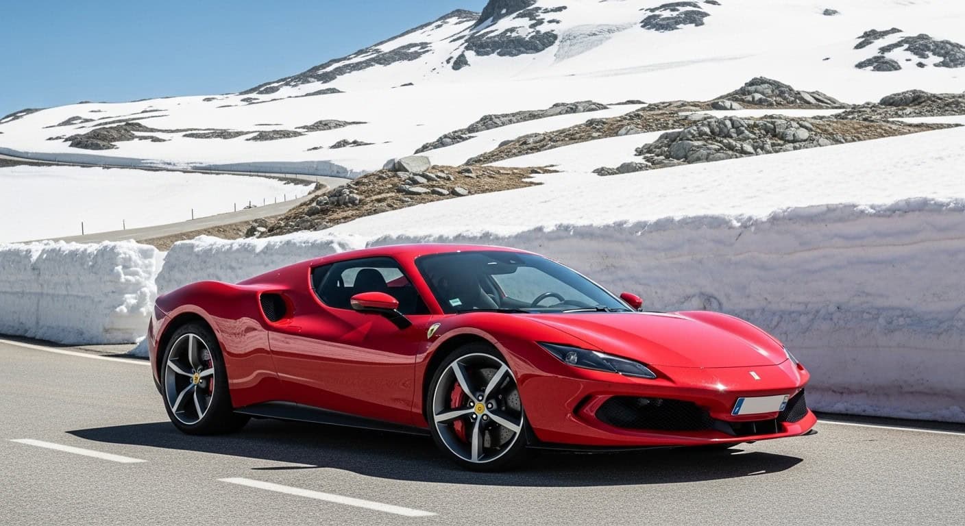 Ferrari 296 GTB parked at the Col de l’Iseran summit on the Route des Grandes Alpes