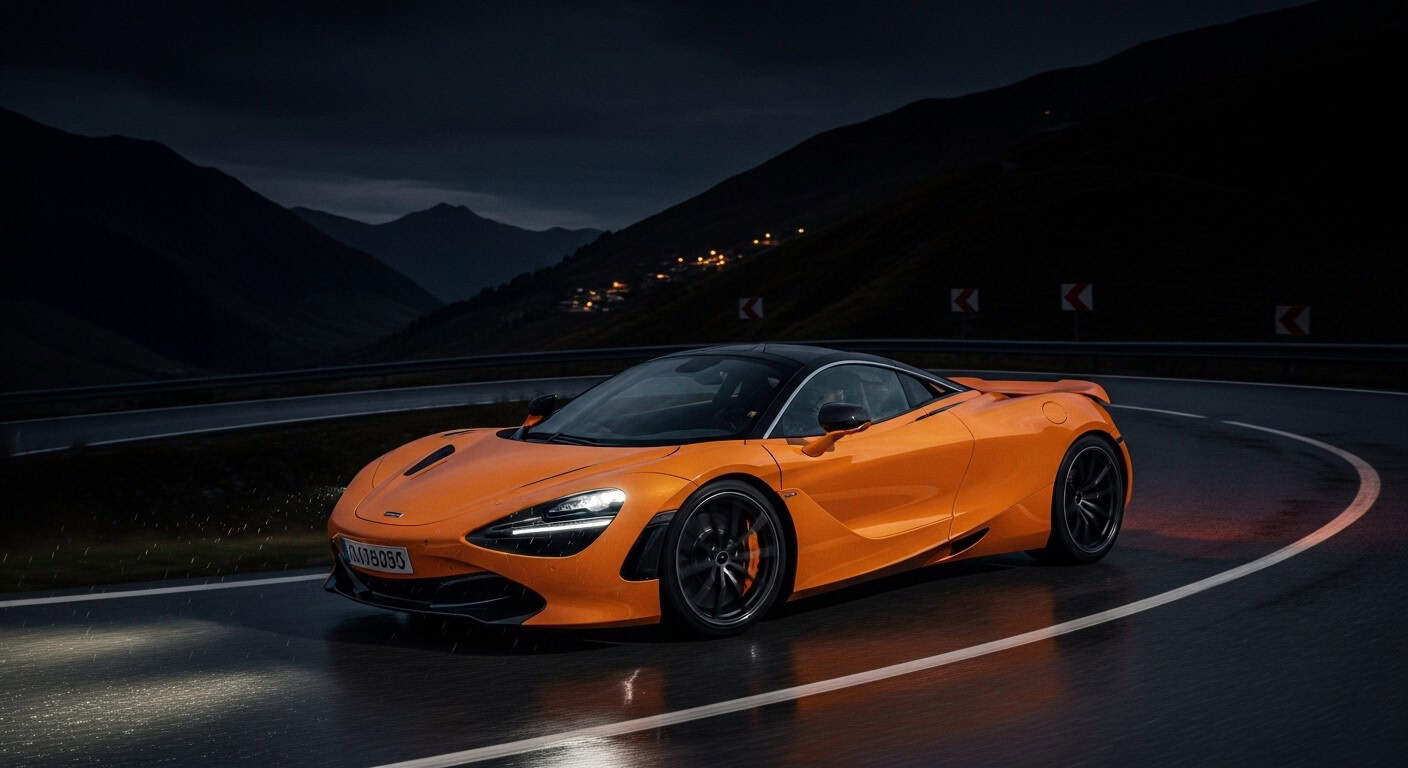 McLaren 720S navigating a rainy night on Col de Turini