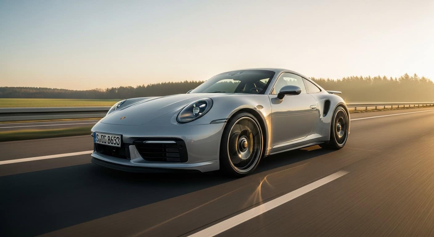 Porsche 911 Turbo S accelerating on a de‑restricted German autobahn at golden hour