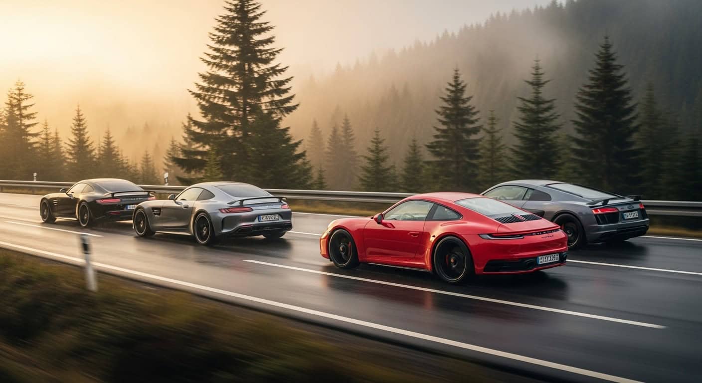 Grand-touring convoy on the B500 in misty Black Forest weather