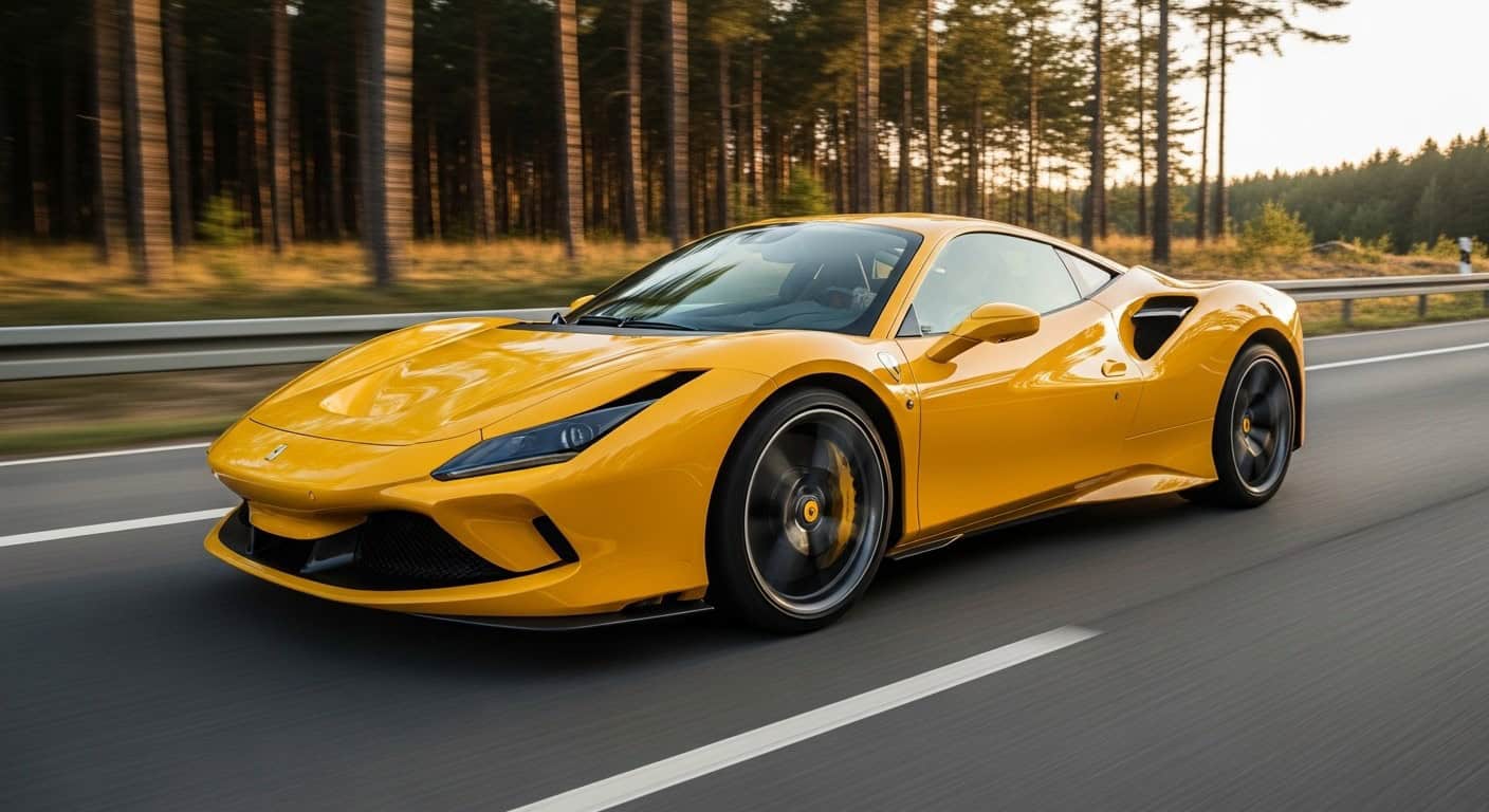 Ferrari F8 Tributo in Giallo Modena driving through the Black Forest